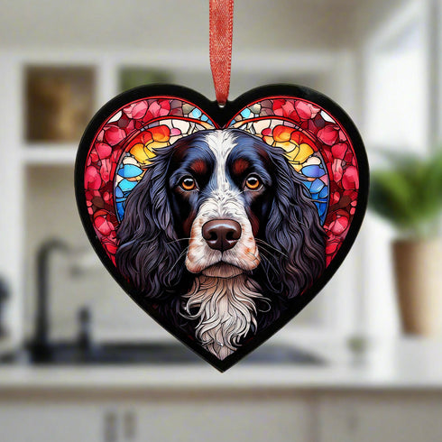 Cocker Spaniel Black & White Stained Glass Effect Heart Suncatcher